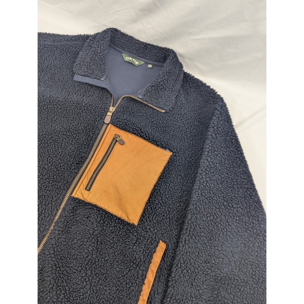 Orvis Men's Size XL Navy Blue Sherpa Fleece Full Zip Jacket With Leather Trim